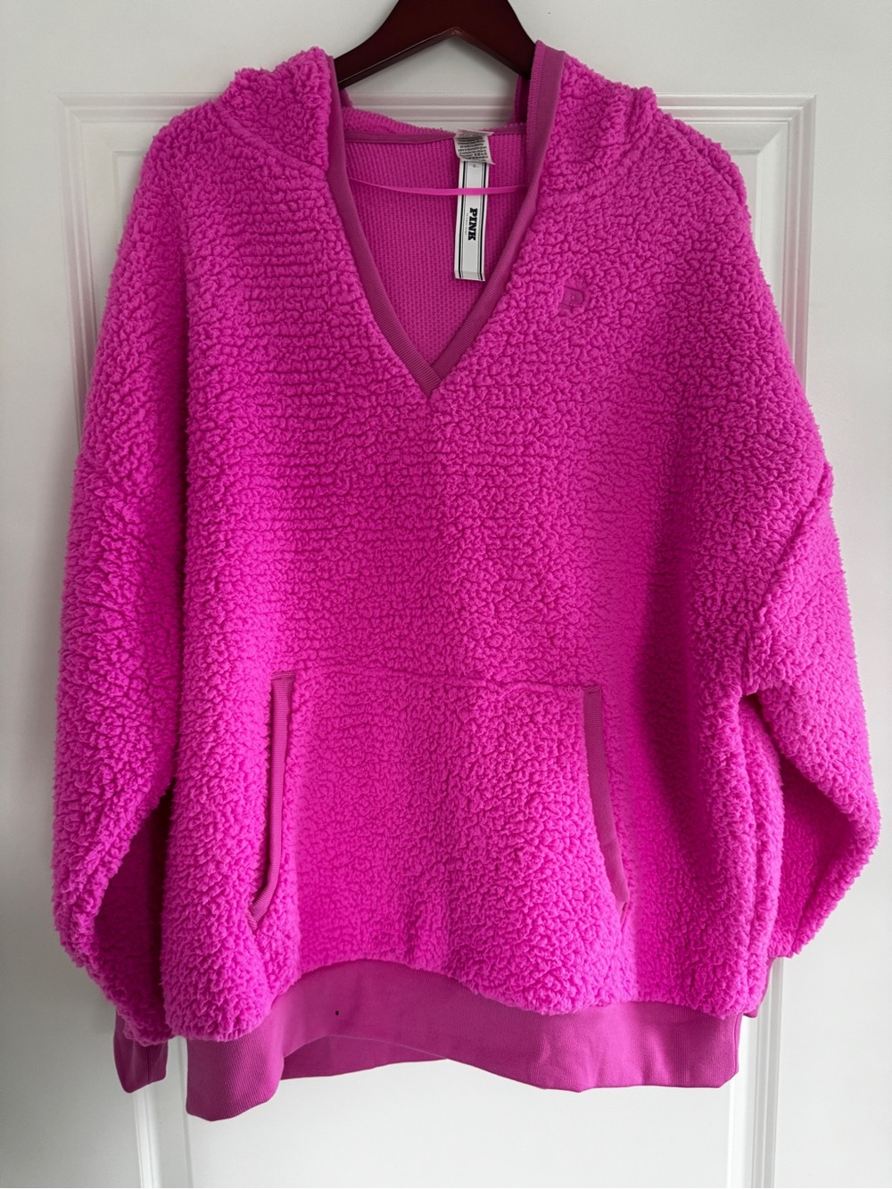 New V.S. PINK Fuchsia Neon Pink Sherpa Pullover Hoodie Sweatshirt XL